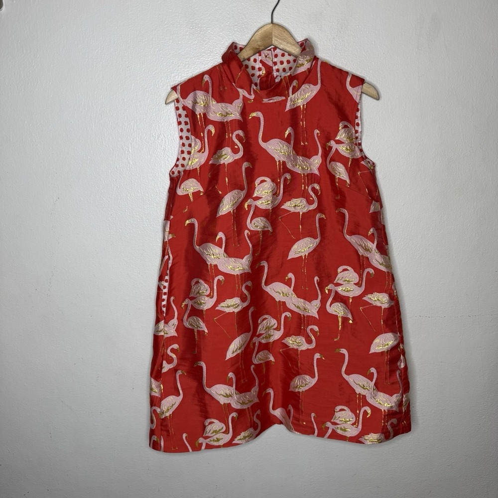 Buru Jacquard Flamingo Red Gold Shift Dress Mock Neck Sleeveless Women's Small